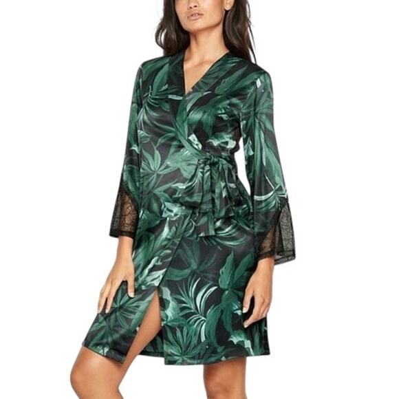 Victorias Secret Chantilly Green Palm Leaves Satin Wrap Robe Size M/L - Picture 1 of 14